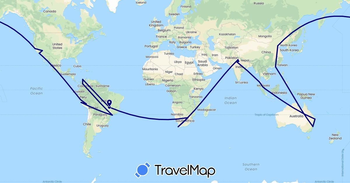 TravelMap itinerary: driving in Australia, Brazil, China, Colombia, India, Malaysia, Peru, Singapore, Thailand, United States, South Africa (Africa, Asia, North America, Oceania, South America)